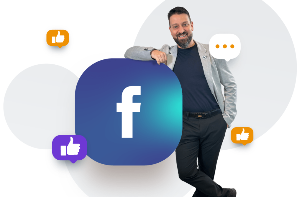 Man leaning on a large Facebook icon with like symbols around